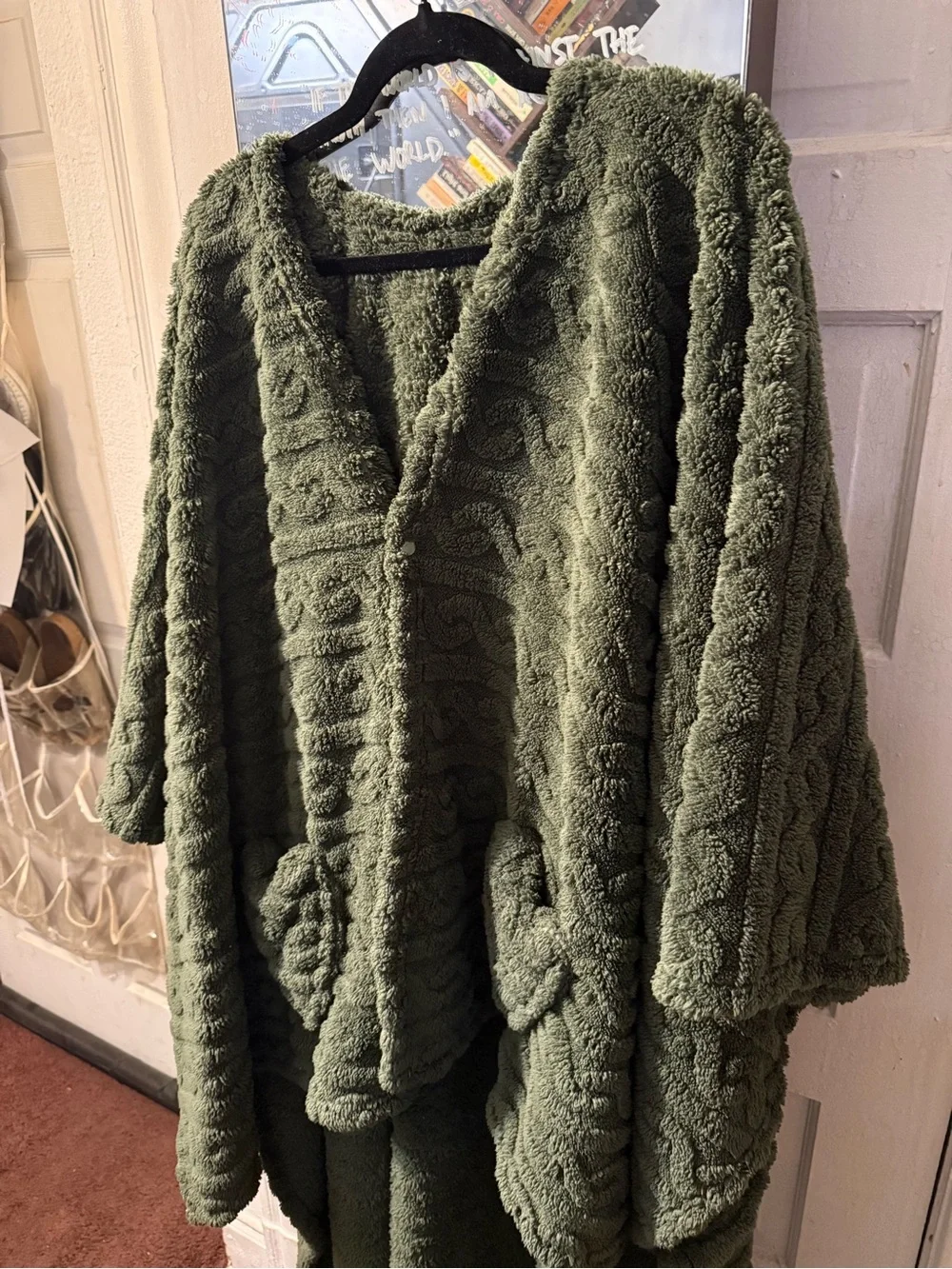 Plush Cable-Knit Forest Green Sweater Poncho